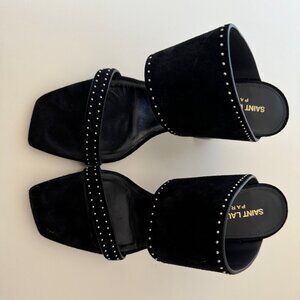 SAINT LAURENT BLACK SUEDE SANDALS WITH SILVER TRIM